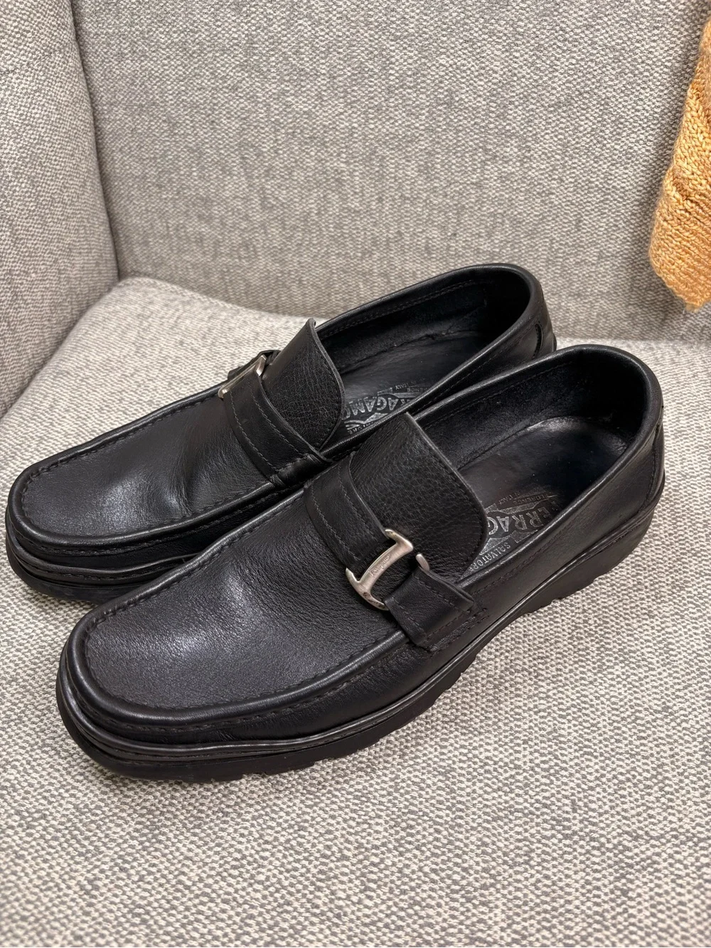 SALVATORE FERRAGAMO Men's Black Leather Slip-On Loafers with Buckle Detail